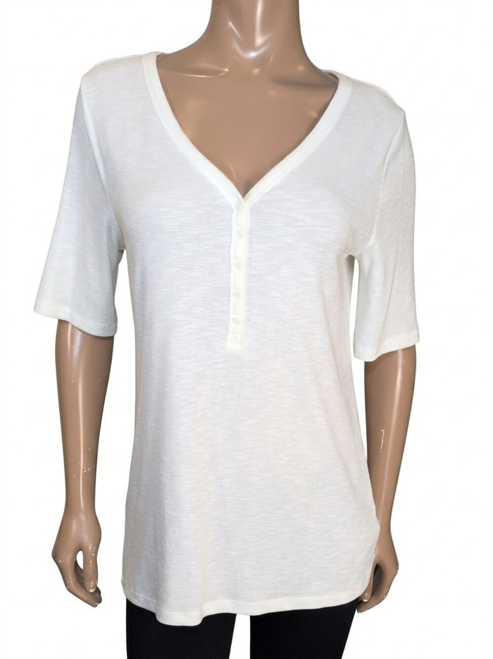 Gap Modern Ribbed Vneck Henley Top Womens Size Large Tall White Basic Tshirt